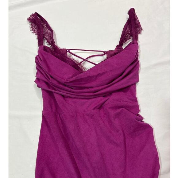 Lucy in the Sky Womens Medium Suede Draped Lace Maxi Dress Magenta Party Club - Picture 6 of 13